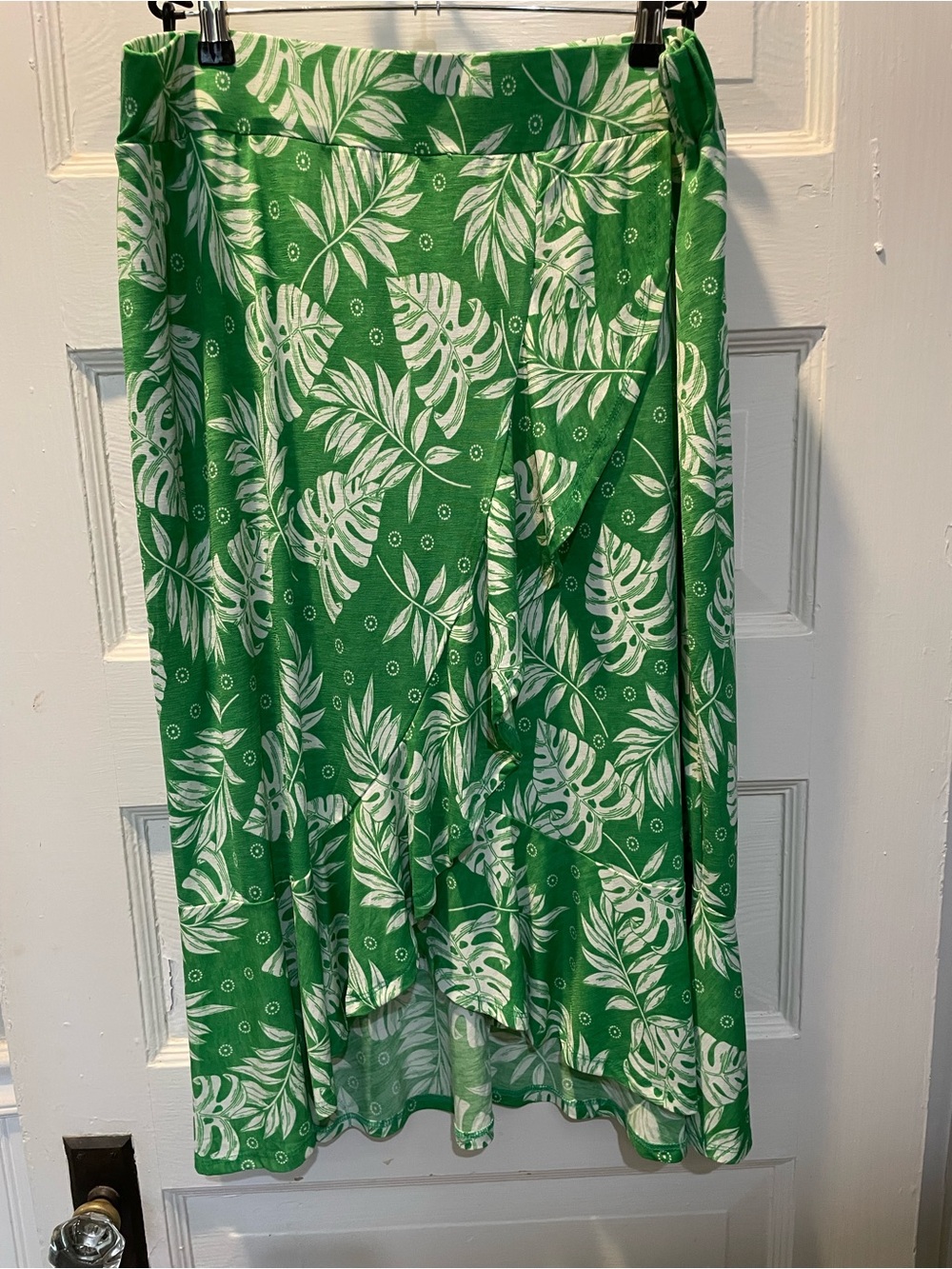 Amiana Green Tropical Leaf High-Low Faux Wrap Skirt, 3X